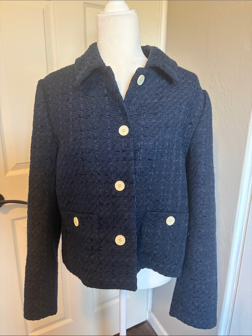 LOFT Navy Tweed Textured Button-Front Blazer jacket